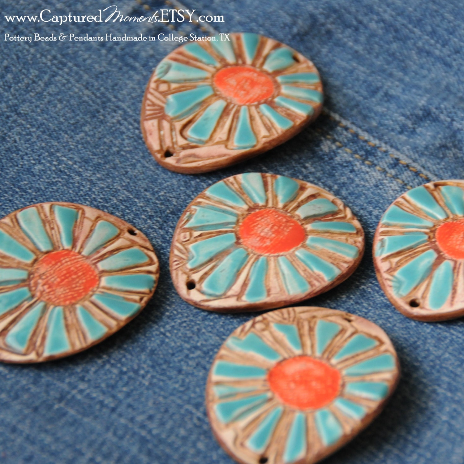 Pottery Cuff Bead, The Elli with a Sunflower Design