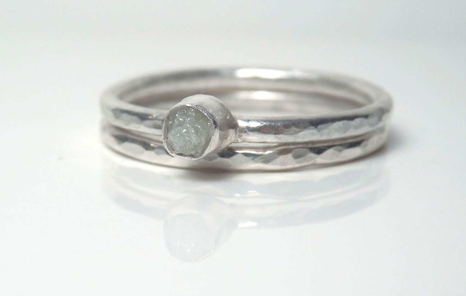Custom sterling silver and conflict free white rough diamond wedding ring set