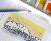 Custom City Skyline Original Watercolor Hand Embellished Print (5 x 7)