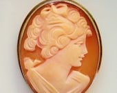 Vintage Amber Peach Shell Cameo Brooch Pin Framed by Silver Shipping Included to USA