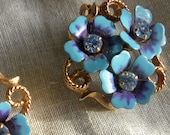 3 Aqua Blue Flowers with Rhinestone Centers, Clip Earrings Vintage 1950s, Shipping Included