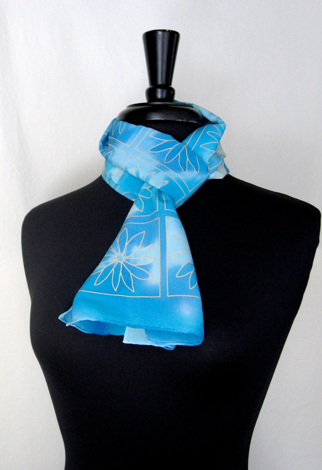 Joyflower Aqua Hand Painted Silk Daisy Crepe Scarf