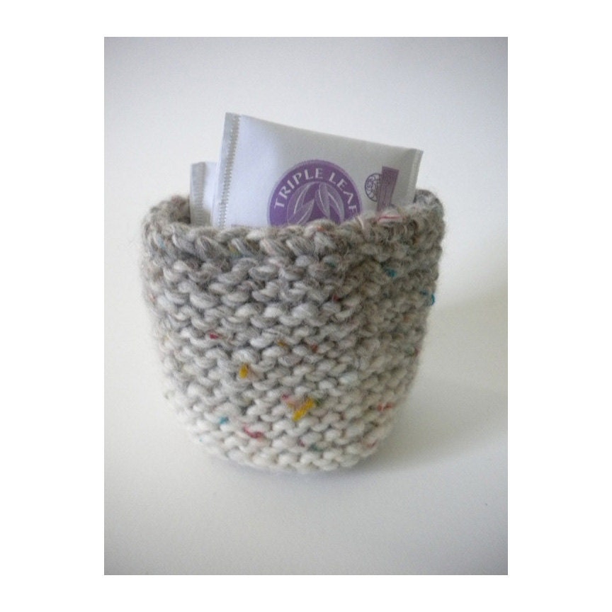 SALE 1/2 OFF - Grey Tweed Knitted Mini Basket - Hand Knit Soft Wool Basket - Soft Neutrals Fog Grey