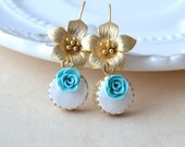 Orchid flower earring, gold dangle, flower jewelry, hook turquoise earrings , summer jewelry