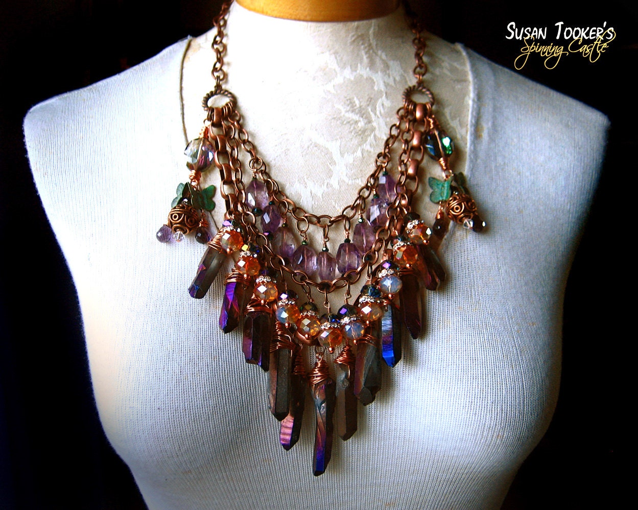 Tanzine Aura Quartz Crystal Point Necklace Earrings Set Amethyst Copper Verdigris Pagan Amulet BUTTERFLY GODDESS by Spinning Castle