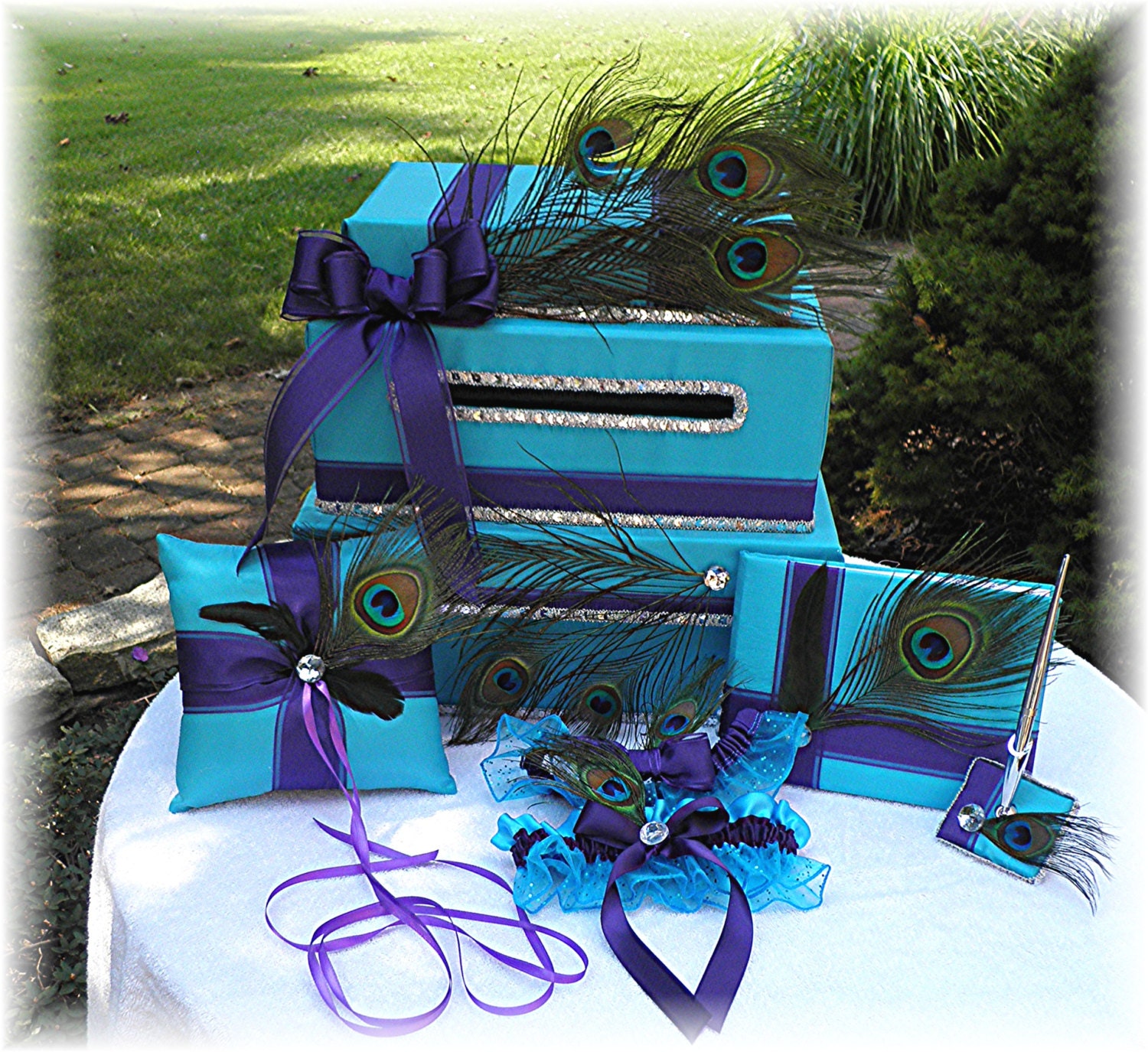 Reserved Listing for Tiwanza  Wedding Set  Card Box Guest Book Pen Set Two Flower Girl Baskets Two Ring Bearer Pillows Garter Set