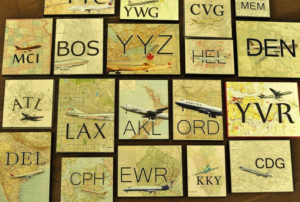 RESERVED LISTING. Up in the Air Series. jnb syd hkg gig ika Wooden Block MapArt using a vintage map