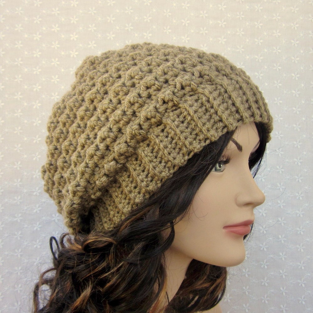 Tan Crochet Hat - Womens Slouch Beanie - Slouchy Oversized Cap - Chunky Hat