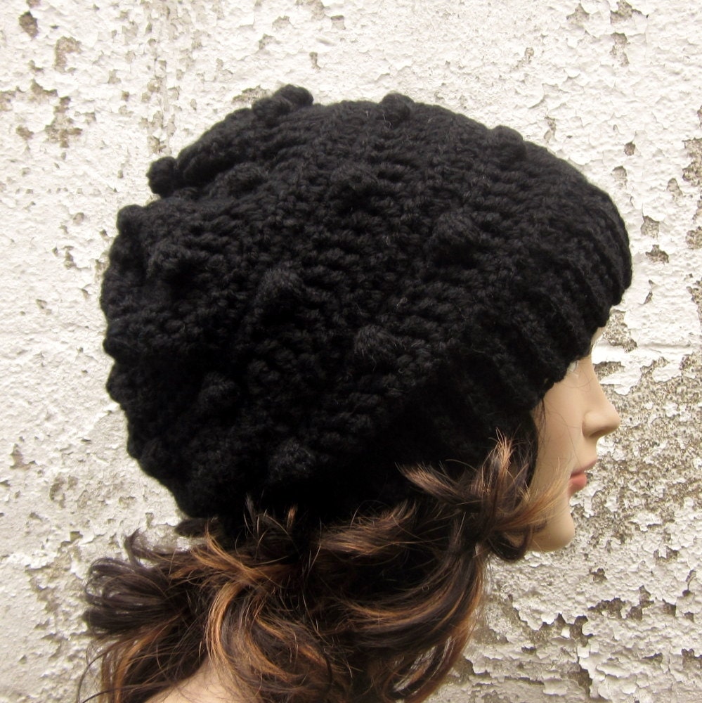 Black Slouchy Crochet Hat - Womens Slouch Beanie - Oversized Cap with Bobbles - Chunky Hat