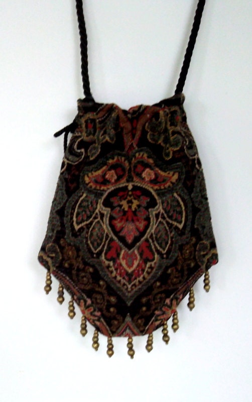 Gypsy Bag with Brass Beads  Black and Green Chenille Tapestry  Hippie Bag  Boho Bead Bag  Cross Body Bag