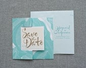 Square Destination Wedding Save the Date Twist Card - Tropical Beach Aqua Blue - Paulina and Walter
