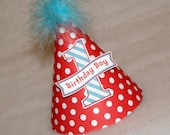 Red Dot and Turquoise Stripe Dr. Seuss Boys Party Hat