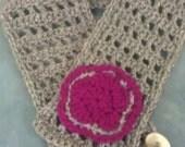 Handmade Crocheted Grey Scarflett with Pink Flower
