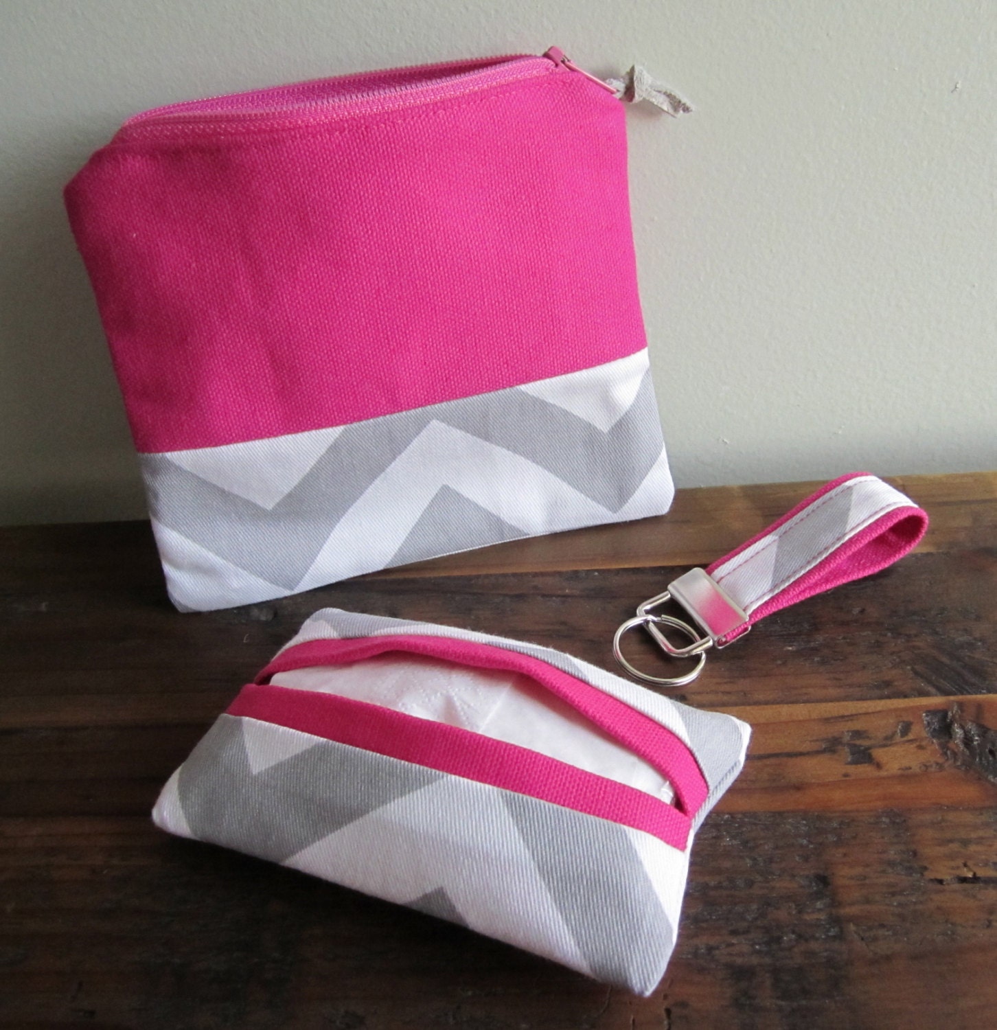 Coin Purse, Keychain, Tissue Case: Organize Your Purse Kit in Hot Pink & Grey Chevrons.