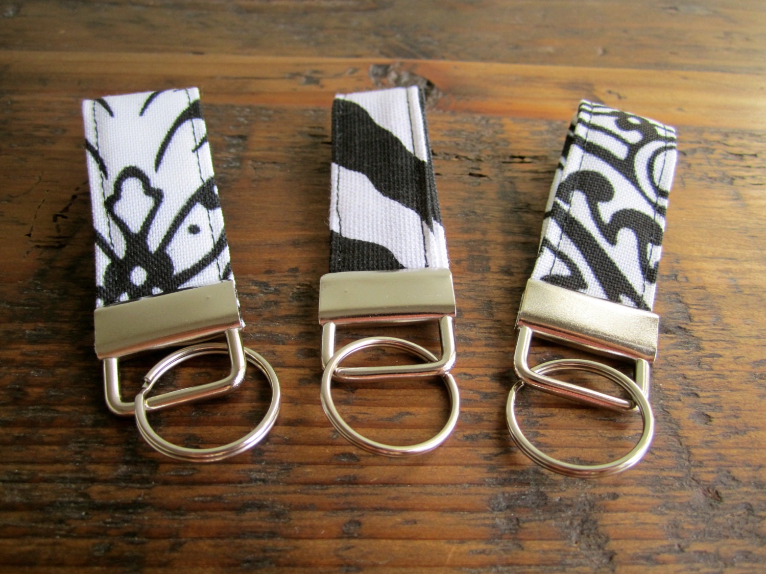 Fabric Keychain- Set of 3 in Classic Black & White Prints.