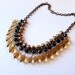 Amber Bib Collar Necklace - Faceted Glass Teardrop - Golden Bronze Freshwater Pearls - Jet Blue Black Faceted Rondelles - Antiqued Brass