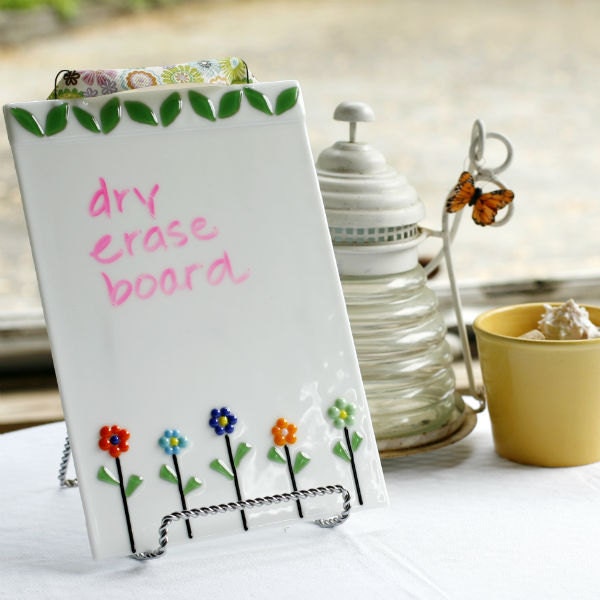 Fused Glass Dry Erase Board - Flower Garden - green, red, blue, orange, yellow and pink