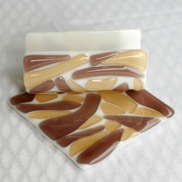Fused Glass Business Card Holder and Coaster - Desk Set - pink and peach