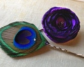 Purple Flower and Peacock Feather Pin Set - Made to Order
