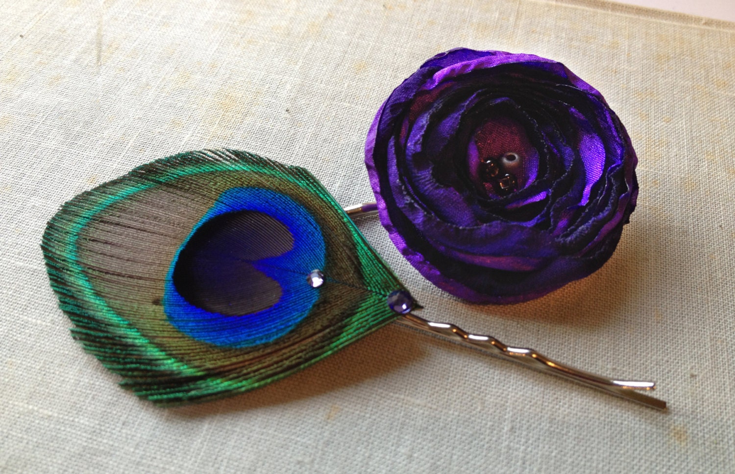 Purple Flower and Peacock Feather Pin Set - Made to Order