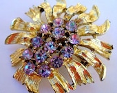 Gold Purple Lavender Rhinestone Flower Brooch