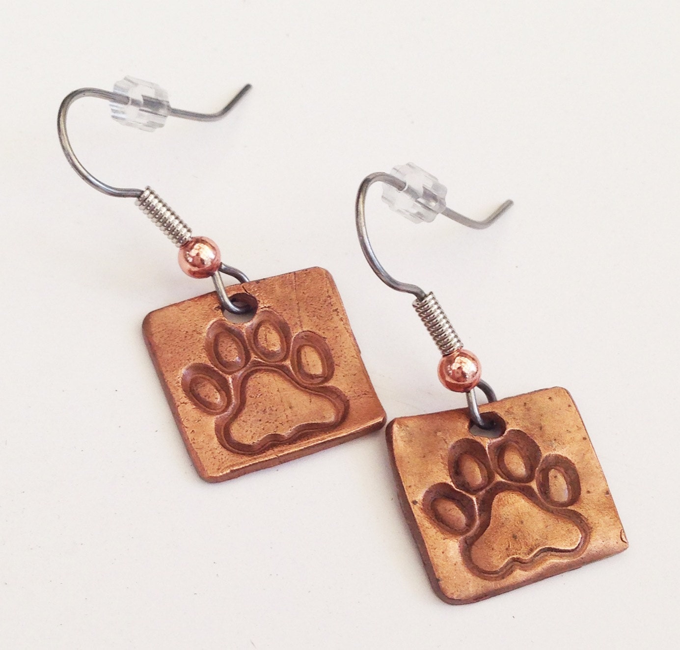 Copper Pawprint earrings - paw print - cat kitty kitten dog puppy
