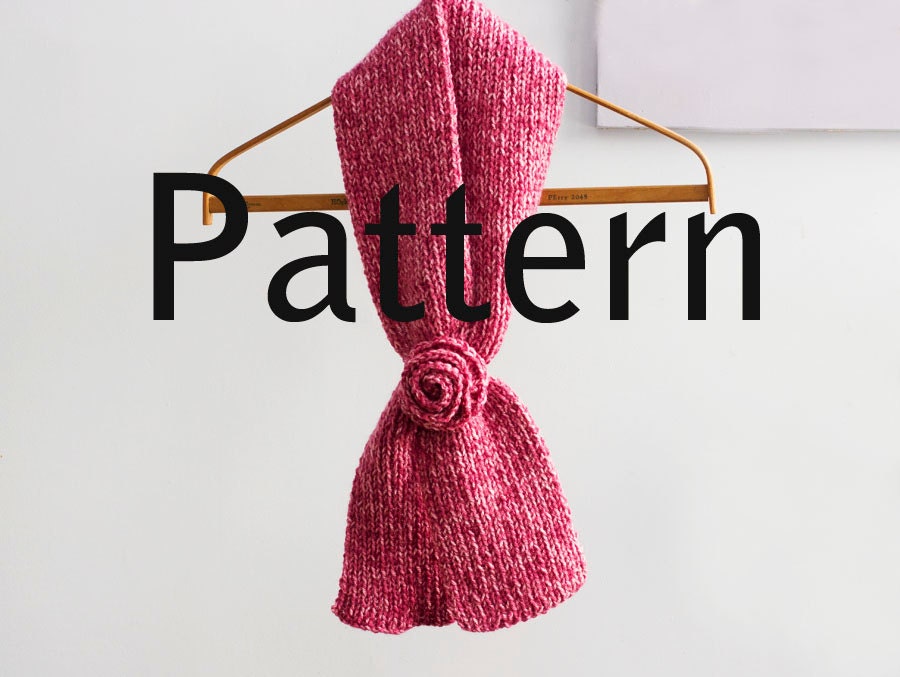Knitting Pattern for Ribbed Keyhole Scarf and Crocheted Rose, Stay in Place Scarf, Self Tying Scarf