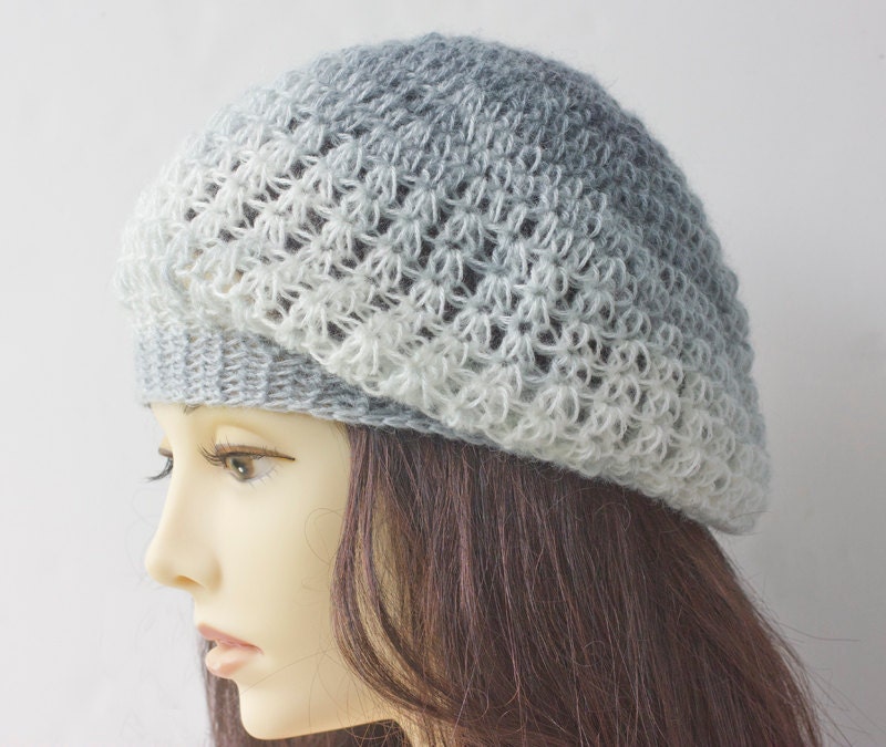 Crocheted Slouchy Hat,  Gray Ombre Beret, Hand Crochet Hat, Grey Shades