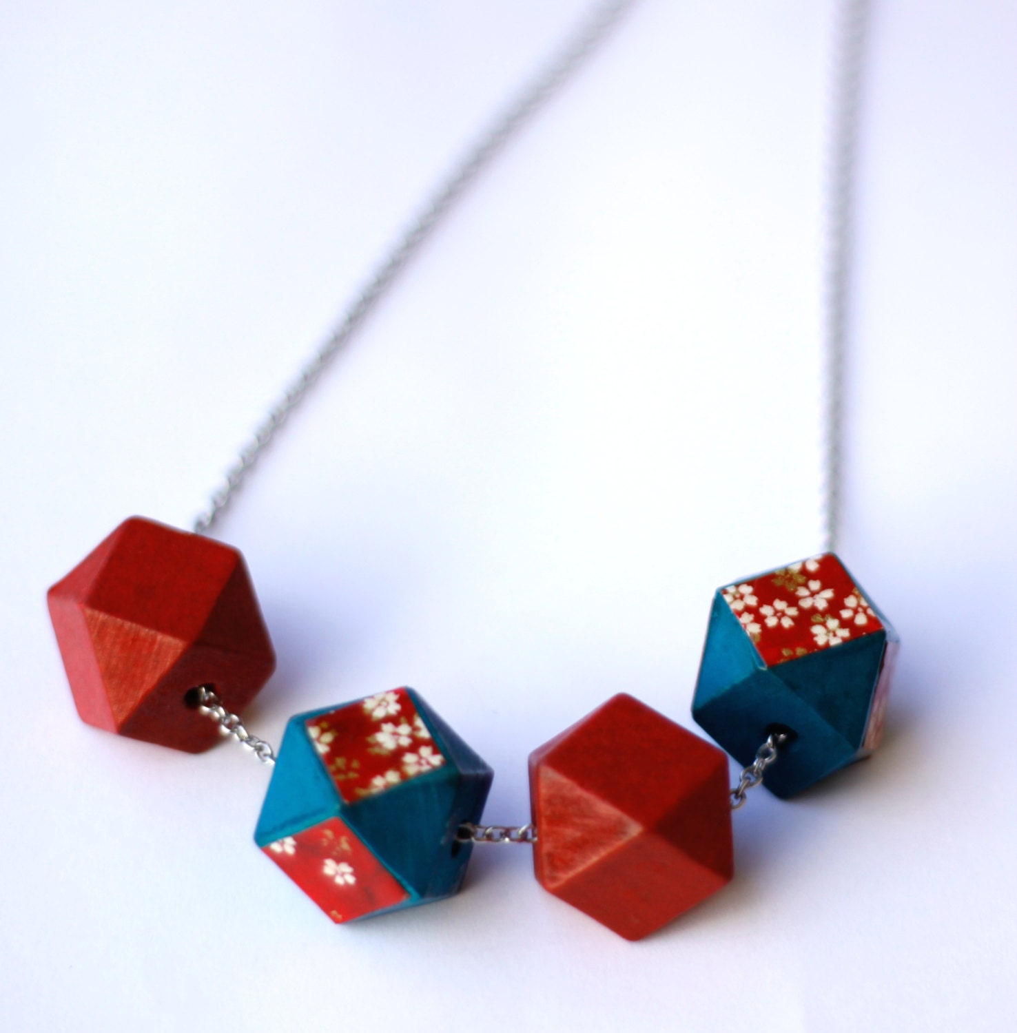 Red and Teal Faceted Wooden Necklace