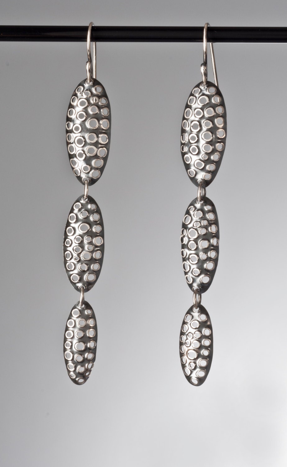 Very Long Dangle Hand Made, Solid Sterling Silver, Oval 3 Drop Punched Hole Earrings