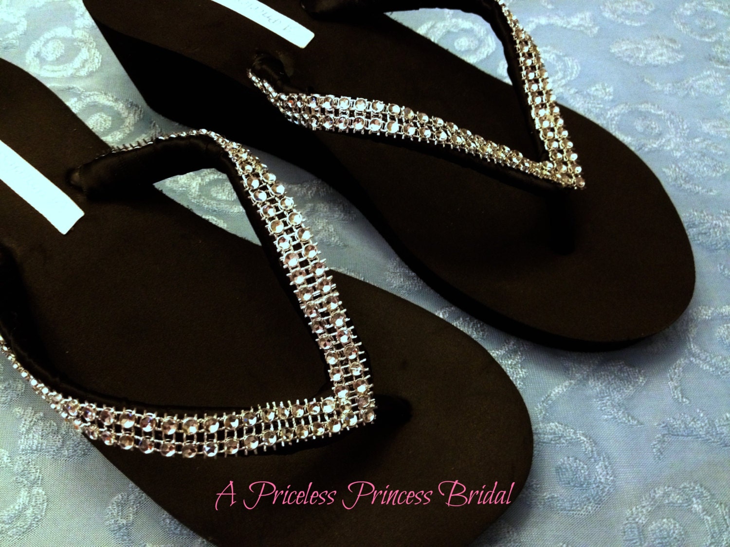 WEDGE Rhinestone  Flip Flops Black White Womens Platform Girls Bridal Bridesmaid, Prom  Bling Crystal