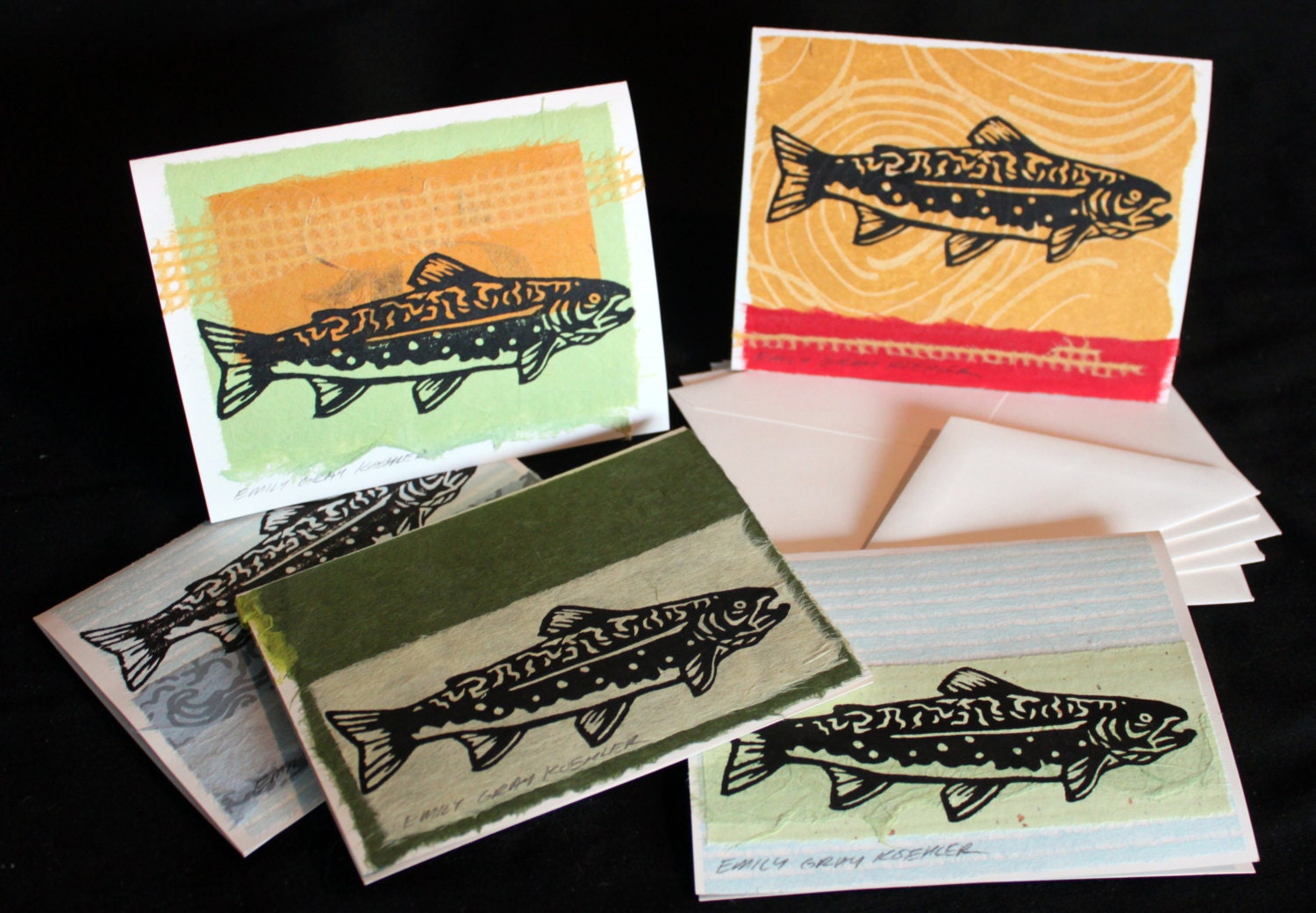 Trout - Five Assorted Hand Collaged & Printed Cards - Blank Inside