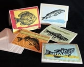 Fish Mix Pack - Five Assorted Hand Collaged & Printed Cards - Blank Inside