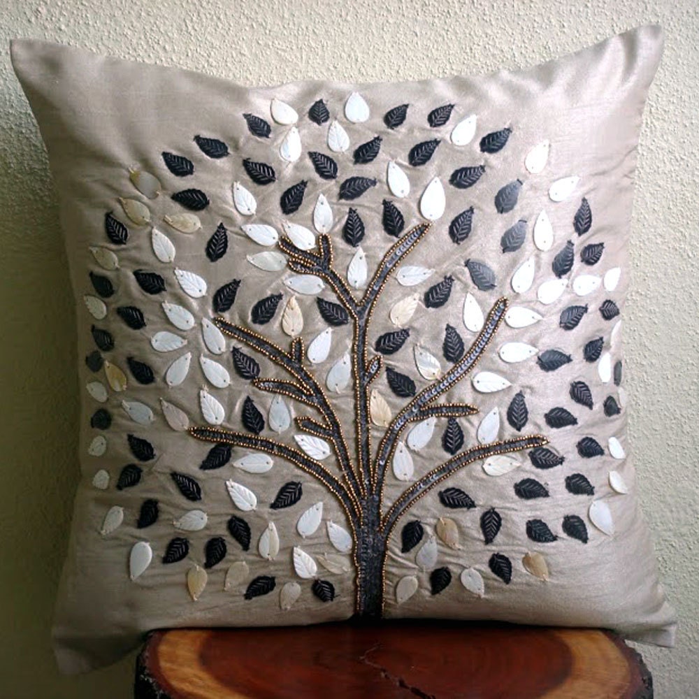 Decorative Throw Pillow Cover Couch Accent Pillow 16x16 Inches Silk Pillow Cover Mother Of Pearl And Sequins Embroidery Pearl Grey Hope Tree