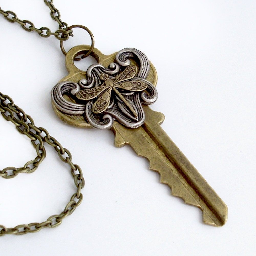 Wings of Fancy - Recycled Key Pendant Necklace Jewelry