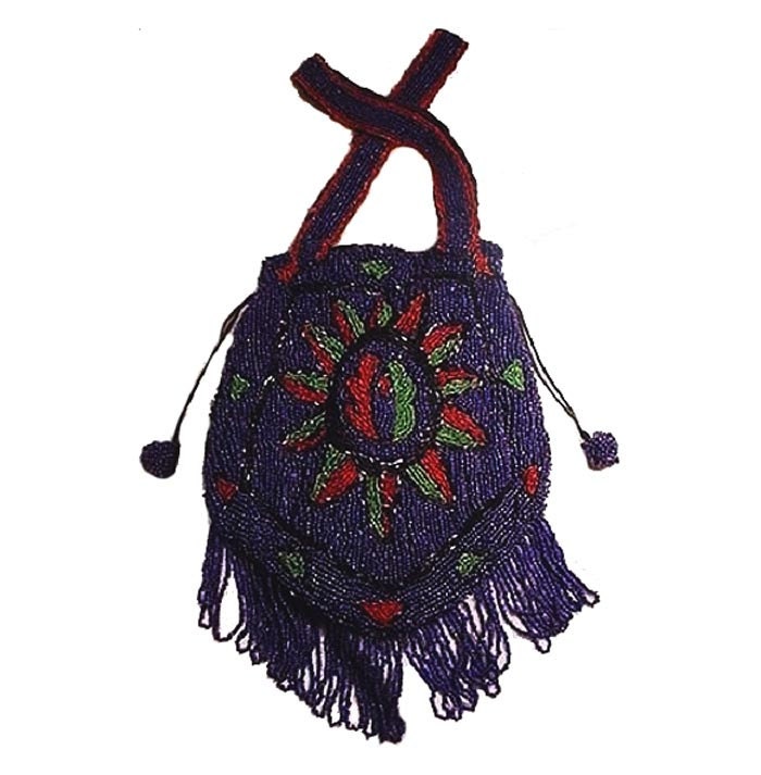 Antique Beaded Bag/ Red & Green Sun Flower on Cobalt Blue/ Fringe