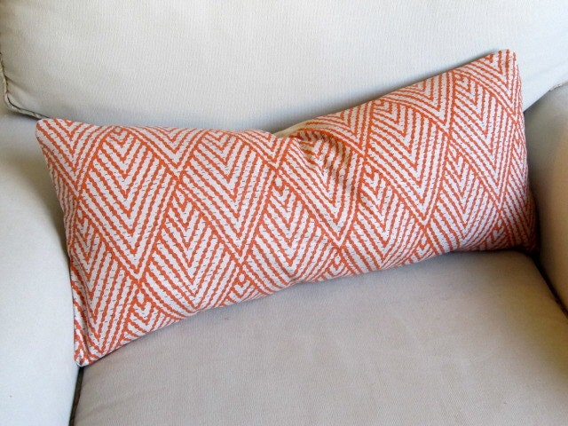 Ikat TANGERINE on Light Tan color field large bolster sofa pillow 11x26