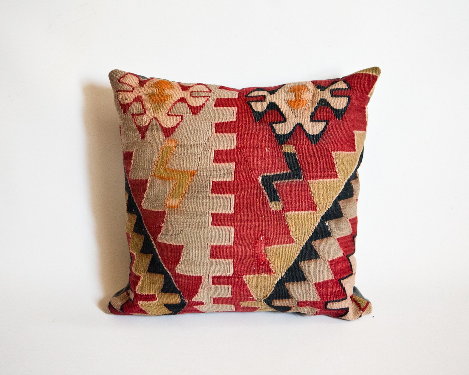 Vintage Turkish Kilim Red Navy Grey Sage Geometric Pillow