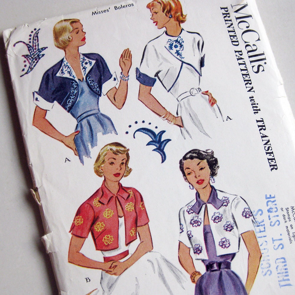 1950s Vintage Sewing Pattern - Rockabilly Bolero Jackets with Embroidery Transfer - McCalls 1619 / Bust 30