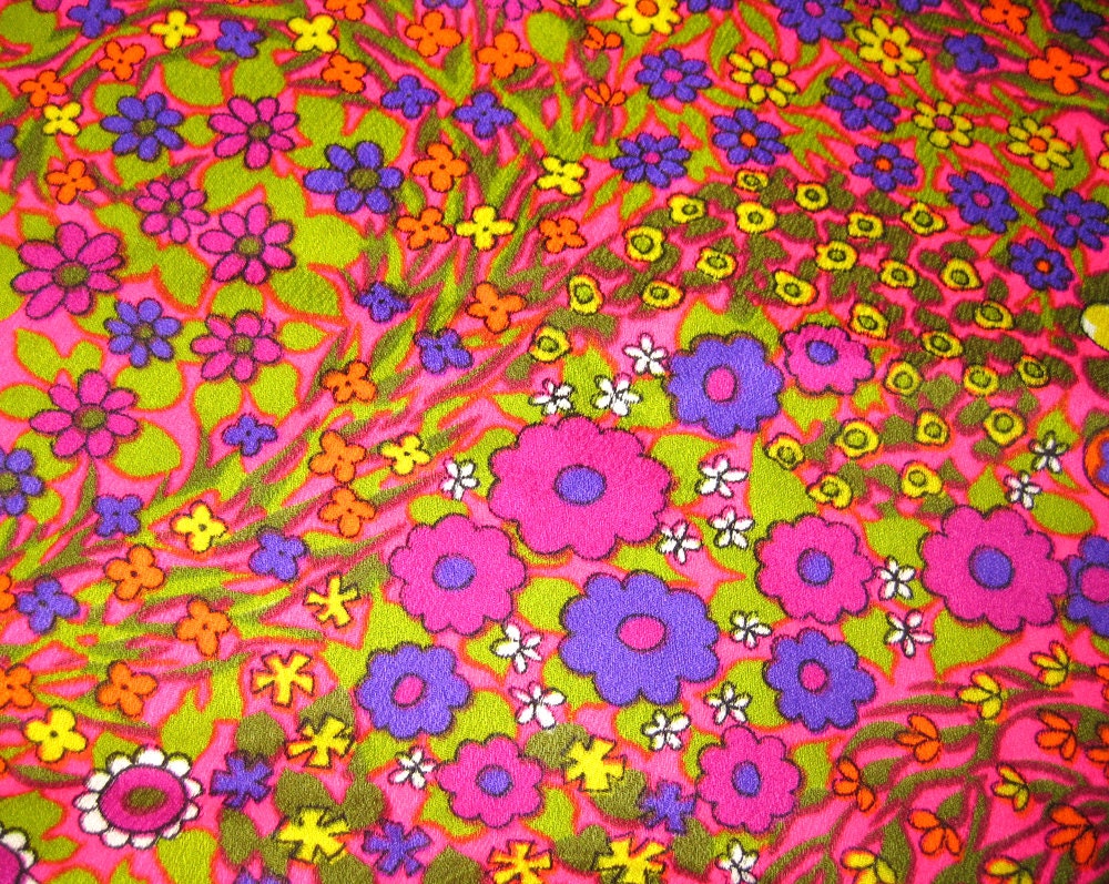 1970s VIntage Fabric - Hawaiian Floral Print Pink Lime Orange - Bright Psychedelic Yardage