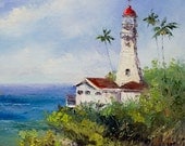 Diamond Head Lighthouse Original Oil Painting Art Artwork Palette Knife Oahu Hawaii Tropics Palm Tree Hawaiian Sailing