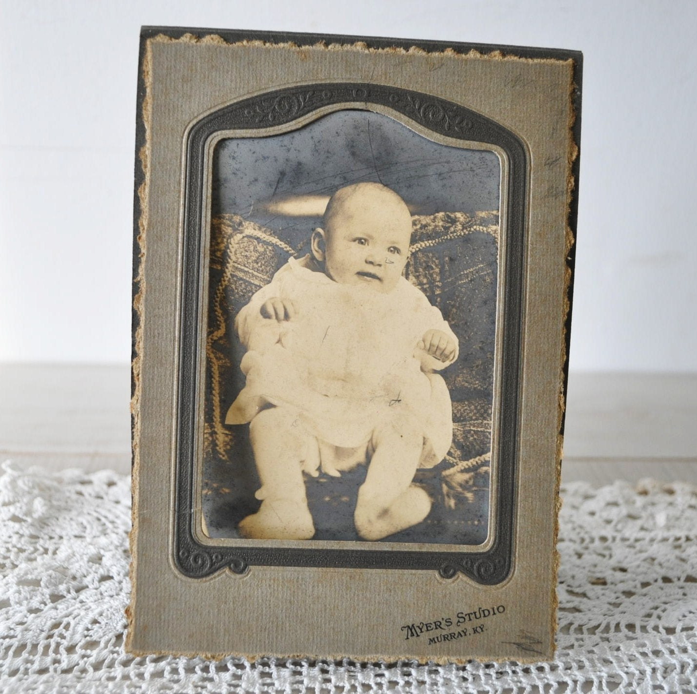 ANTIQUE cabinet card PHOTO in original folded frame- a sweet little Baby