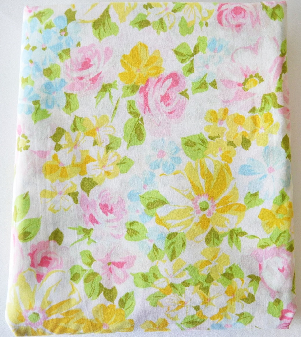 spring flowers - vintage fabric extra large fat quarter (frilly pink and yellow flowers)---yardage fabric