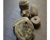 Ceramic Pendant and Bead Set Pale Green on Brown Stoneware