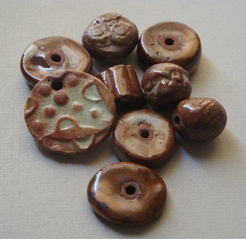 Ceramic Pendant and Bead Set Shino on Brown Stoneware