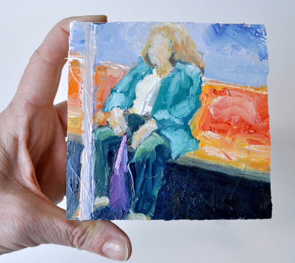 Art Oil Painting New York City  Woman Subway Rider on Wood Block