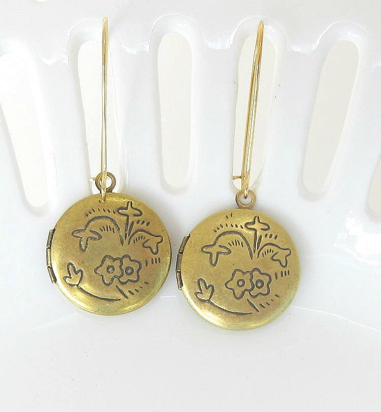 Floral Motif Locket Earrings, Picture Locket, Memory Locket, Keepsake Locket, Flower Locket