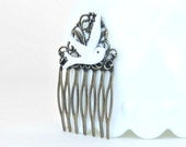 Vintage Style Hair Comb, Ivory White Bird, Antique Brass Hair Comb