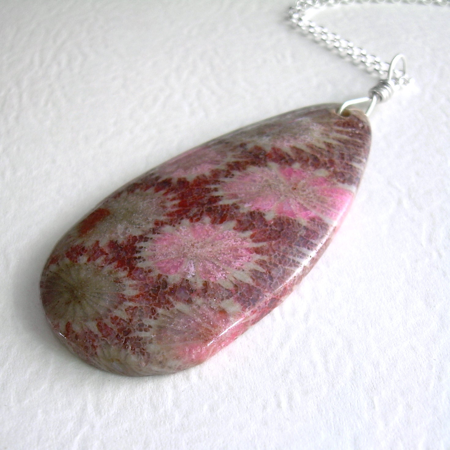 Pink Coral Fossil Necklace, Fossilized Coral Pendant, Science Geek Jewelry