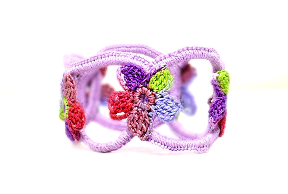 Crochet Bracelet Fiber Bracelet Faux Chainmail Bangle Lavender With Purple Spring Green Lavender Dark Pink Flower Motif